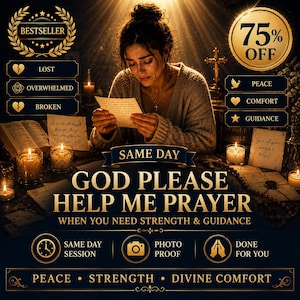 May include: A digital graphic featuring a person reading a letter, surrounded by candles, a cross, and text including 'GOD PLEASE HELP ME PRAYER', 'BESTSELLER', '75% OFF', 'SAME DAY', 'LOST', 'OVERWHELMED', 'BROKEN', 'PEACE', 'COMFORT', 'GUIDANCE', and 'STRENGTH'.