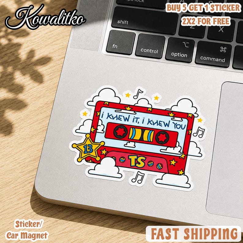 May include: A rectangular red cassette tape sticker featuring the text "I KNEW IT, I KNEW YOU" and "TS". The design includes a yellow star with the number 13, white clouds, musical notes, and small yellow stars against a white background.