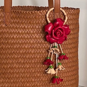 Leather ROSE kechain and purse/handbag charm in RED & NATURAL  combination