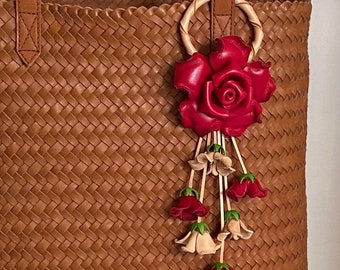 Leather ROSE kechain and purse/handbag charm in RED & NATURAL  combination