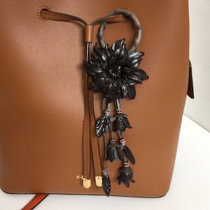 Dahlia flower inspired leather purse charm & keychain in black