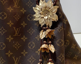 Dahlia flower inspired leather purse charm & keychain in golden