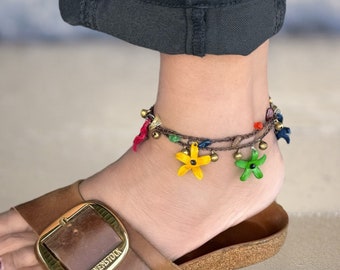 Enna's two strand leather mini flower anklets