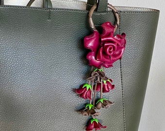 Leather ROSE kechain and purse/handbag charm in burgundy combination