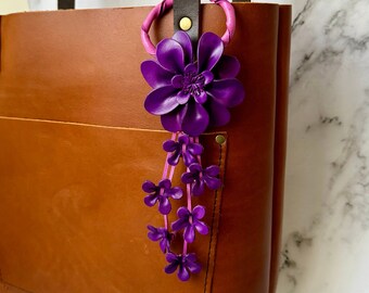 Dahlia flower inspired leather purse charm & keychain in purple