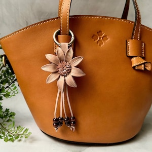 Wild flower  inspired leather purse charm & keychain in just natural dye / the taupe color