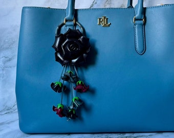 Leather ROSE kechain and purse/handbag charm in black combination