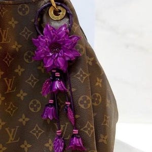 Dahlia flower inspired leather purse charm & keychain in purple