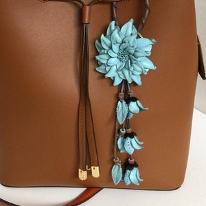 Dahlia flower inspired leather purse charm & keychain in light blue