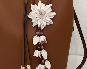 Dahlia flower inspired leather purse charm & keychain in white