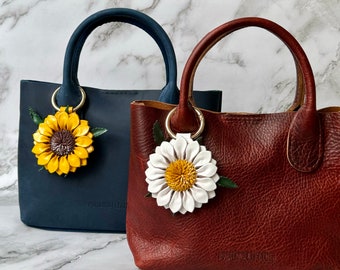 Pretty sunflower inspired leather purse charm & keychain in assorted fun colors
