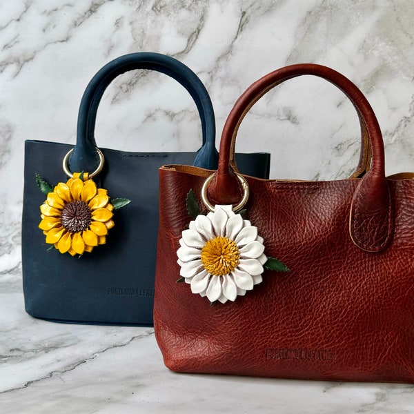 Pretty sunflower inspired leather purse charm & keychain in assorted fun colors