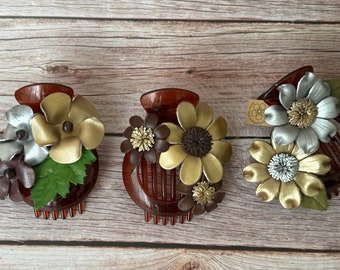 Leather flower on BIG size bun holder and hairclip in gold and silver   combination & assorted flower design