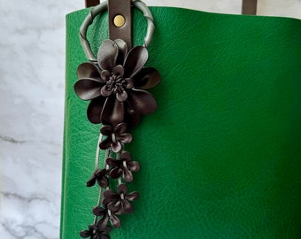 Dahlia flower inspired leather purse charm & keychain in black