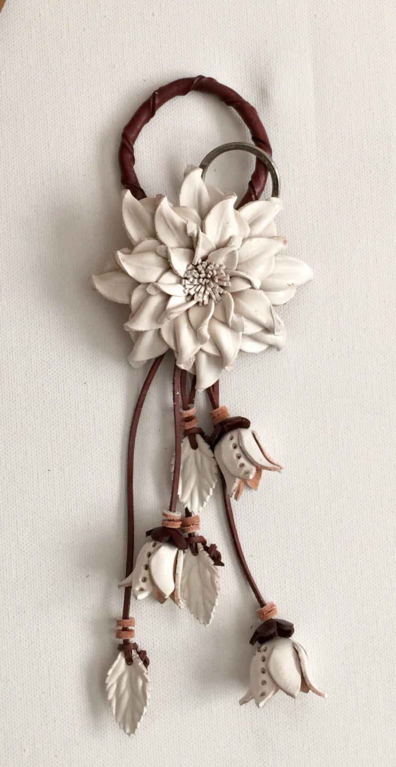 Dahlia flower inspired leather purse charm & keychain in white image 3