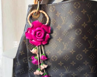 Leather ROSE kechain and purse/handbag charm in assorted colors
