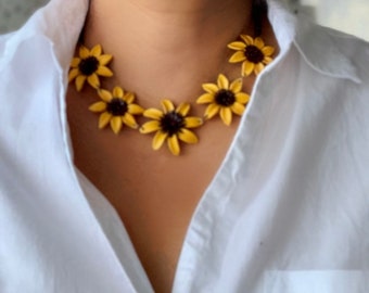Statement Leather Sunflower Necklace, Rhodium Plated, Floral Jewelry