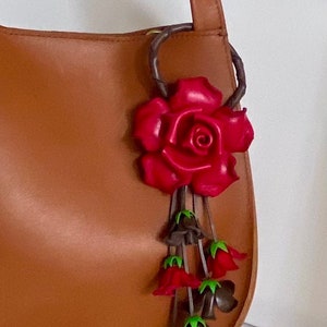 Leather ROSE kechain and purse/handbag charm in RED/BROWN combination