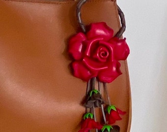 Leather ROSE kechain and purse/handbag charm in RED/BROWN combination