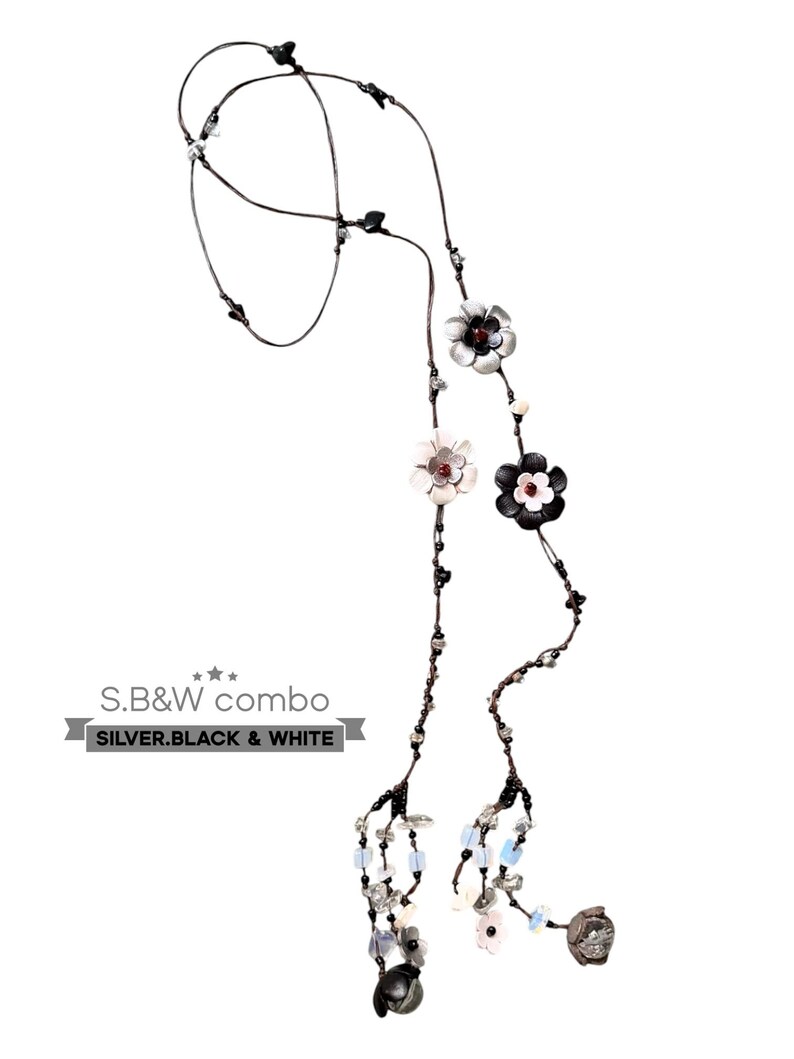 leather flower lariat necklace - some pretty color combinations SB&W combo