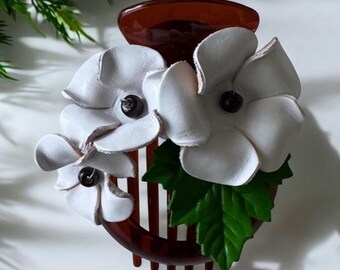 Plumeria  leather bun holder comb clip - MEDIUM size clip