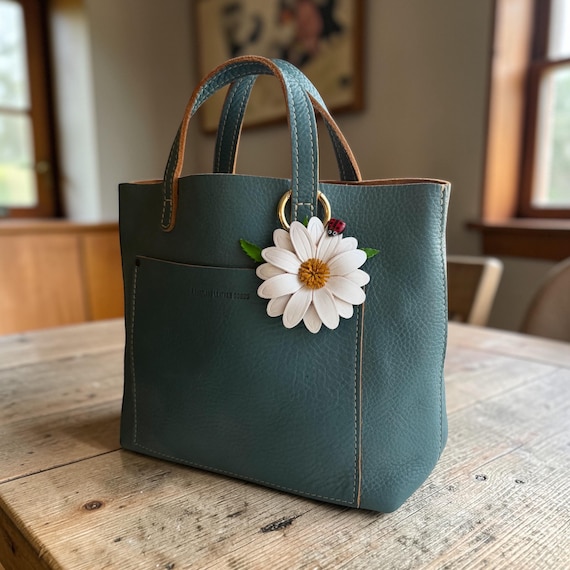 Handcrafted Leather daisy Purse Charm, ladybug on with Carabiner ring