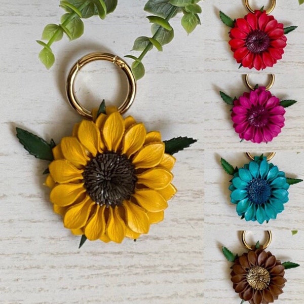 Pretty sunflower inspired leather purse charm & keychain in assorted fun colors