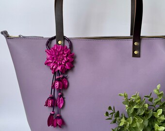 Dahlia flower inspired leather purse charm & keychain in purple