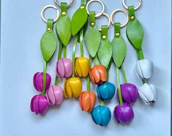 leather  tulips  key chain and purse charm  with GOLD hardware in some colors