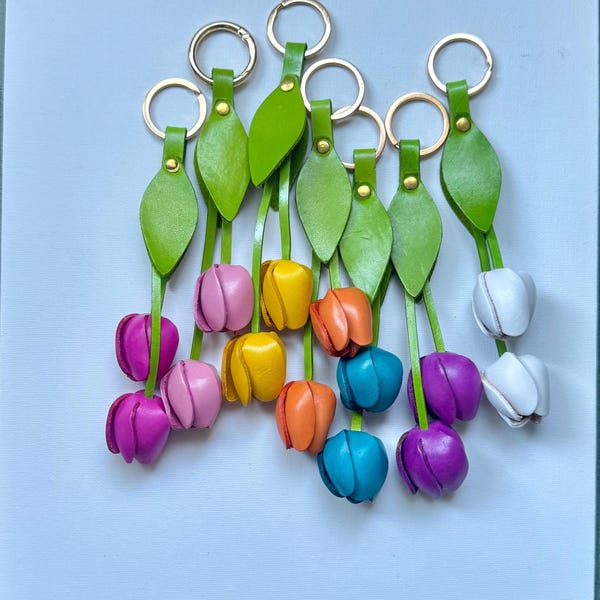 leather  tulips  key chain and purse charm  with GOLD hardware in some colors