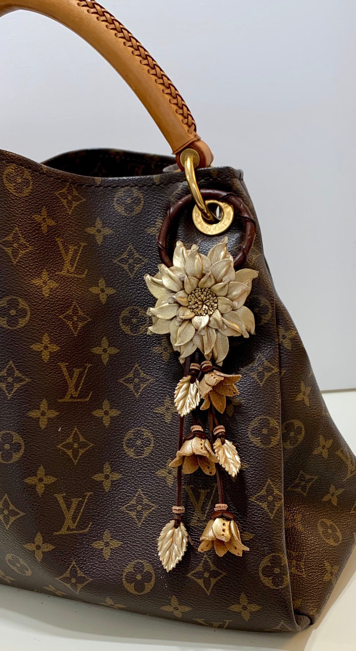 Dahlia flower inspired leather purse charm & keychain in golden