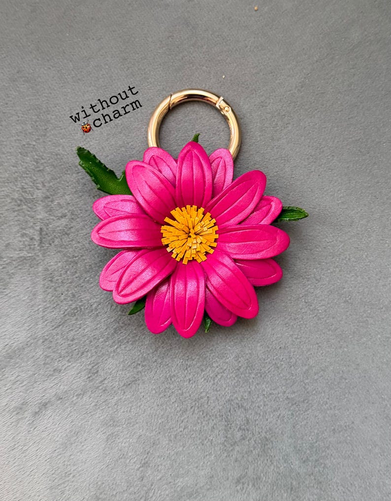 Handcrafted Leather daisy Purse Charm, ladybug on with Carabiner ring PINK w/out charm