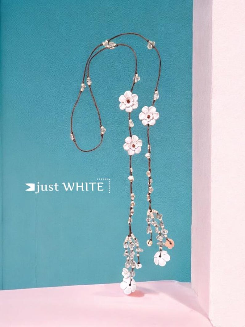 leather flower lariat necklace - some pretty color combinations just WHITE