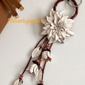 Dahlia flower inspired leather purse charm & keychain in white image 5