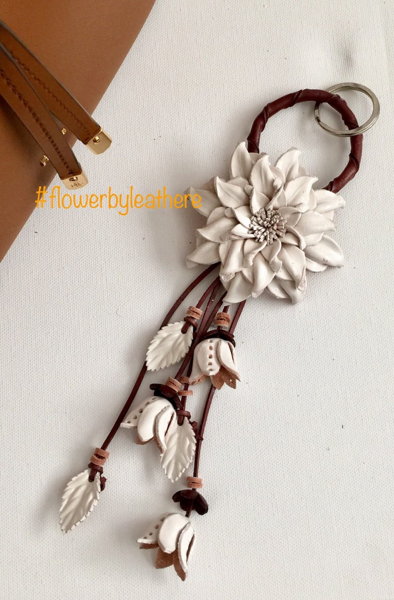 Dahlia flower inspired leather purse charm & keychain in white image 5