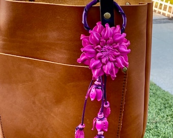 Dahlia flower inspired leather purse charm & keychain in hot pink