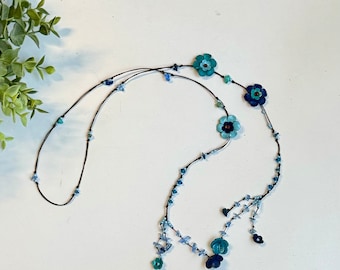 leather flower lariat necklace - blue combination and more colors
