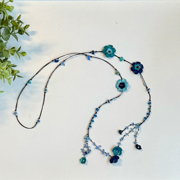 leather flower lariat necklace - blue combination