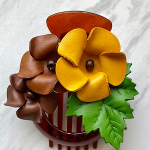 Plumeria flower leather hair comb and bun holder in Yellow/brown combo