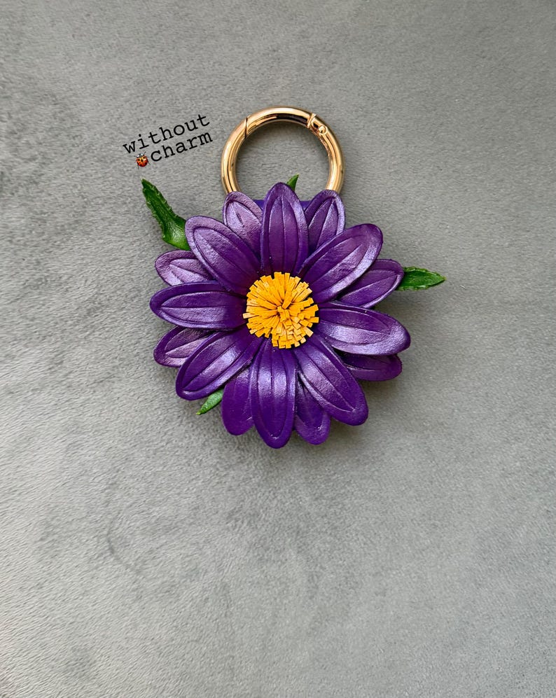 Handcrafted Leather daisy Purse Charm, ladybug on with Carabiner ring PURPLE w/out charm