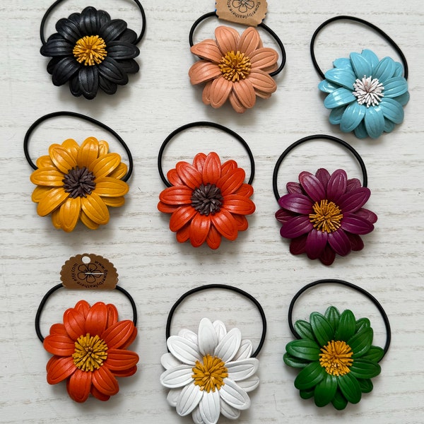 Leather Flower hairties and ponytail holder
