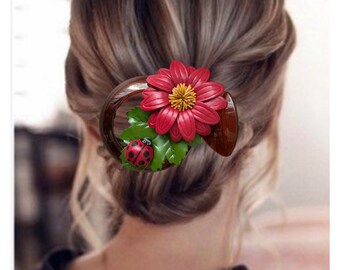 Sunflower Leather flower with ladybug bun holder and hairclip in rustic assorted colors