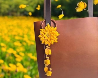 Dahlia flower inspired leather purse charm & keychain in yellow