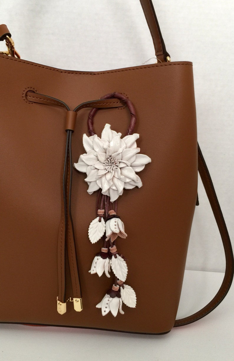 Dahlia flower inspired leather purse charm & keychain in white image 1