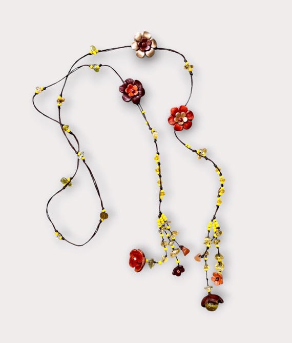 leather flower lariat necklace -  some  pretty color combinations