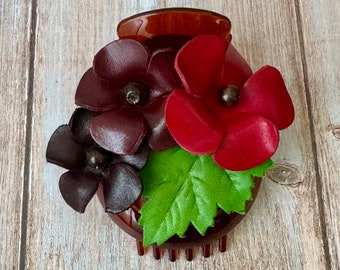 SUMMER Plumeria flower leather hair comb and bun holder in RED