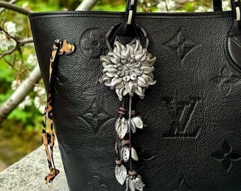 Dahlia flower inspired leather purse charm & keychain in silver