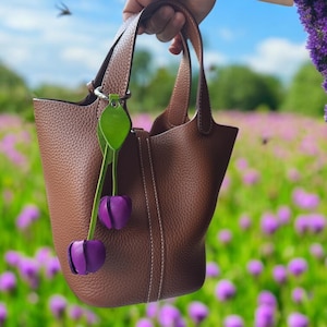 leather  tulips  key chain and purse charm  with SILVER hardware in some colors