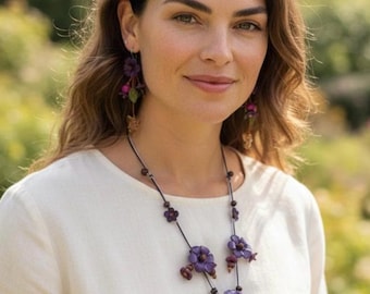 Handmade Genuine Leather Floral Jewelry Set – Butterfly Charm Earrings Necklace