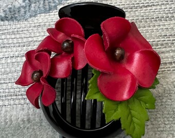 Plumeria flower leather hair comb and bun holder in RED